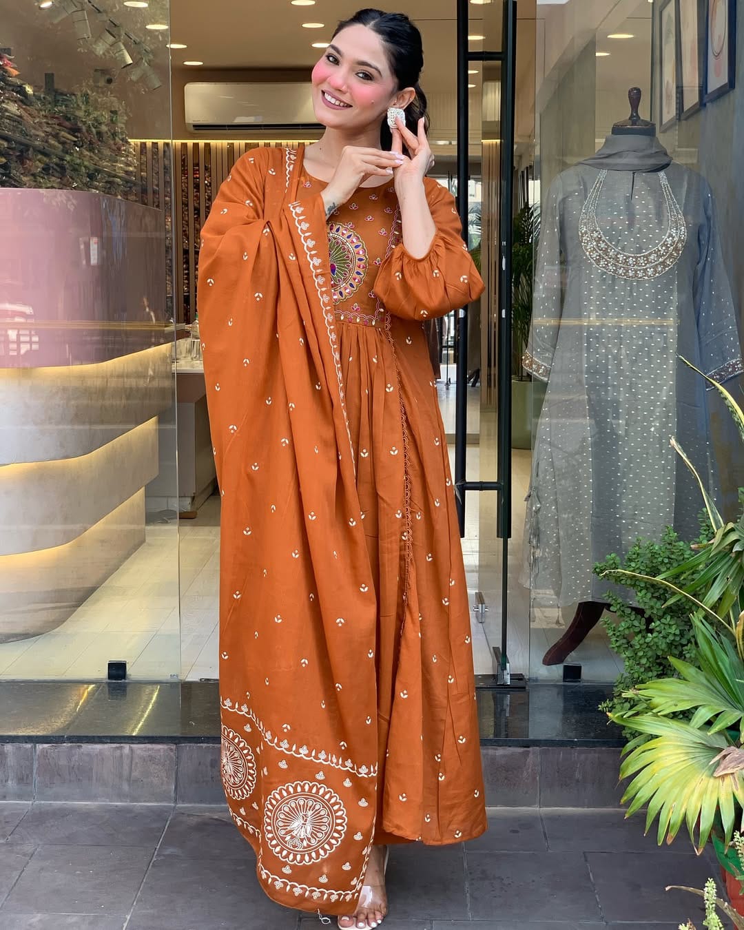 Rust Orange Anarkali Kurta Set with Dupatta and Intricate Embroidery