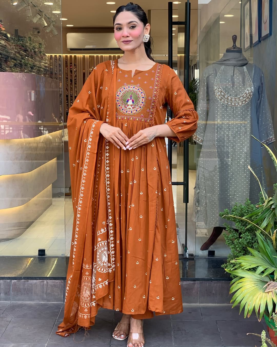 Rust Orange Anarkali Kurta Set with Dupatta and Intricate Embroidery