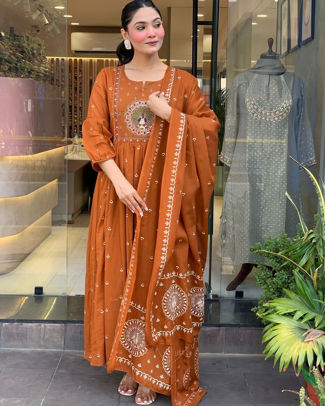 Rust Orange Anarkali Kurta Set with Dupatta and Intricate Embroidery