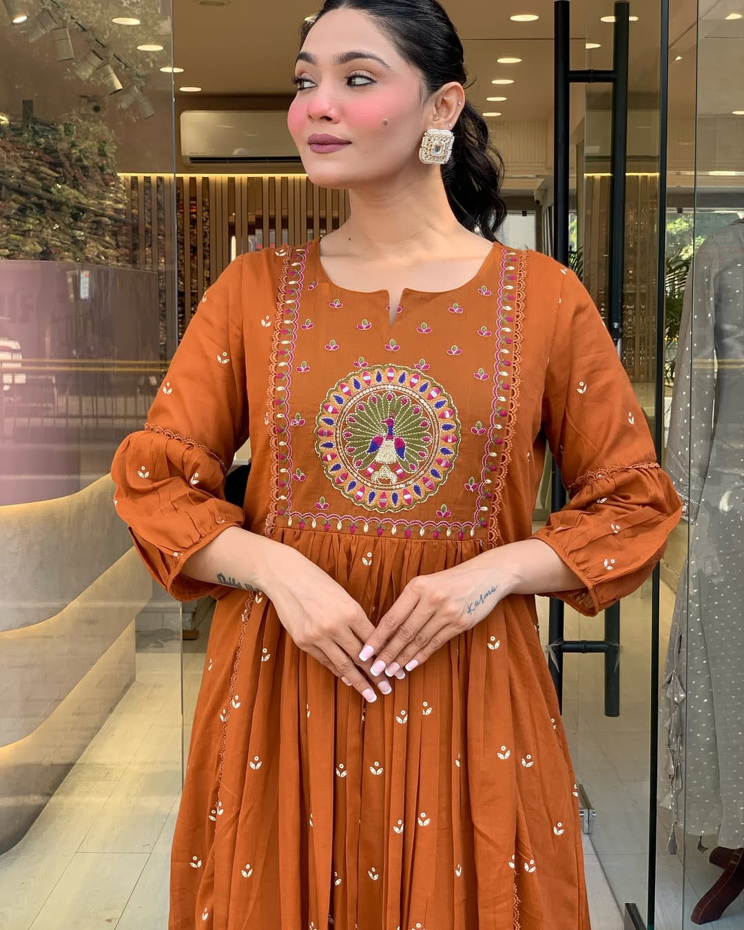 Rust Orange Anarkali Kurta Set with Dupatta and Intricate Embroidery