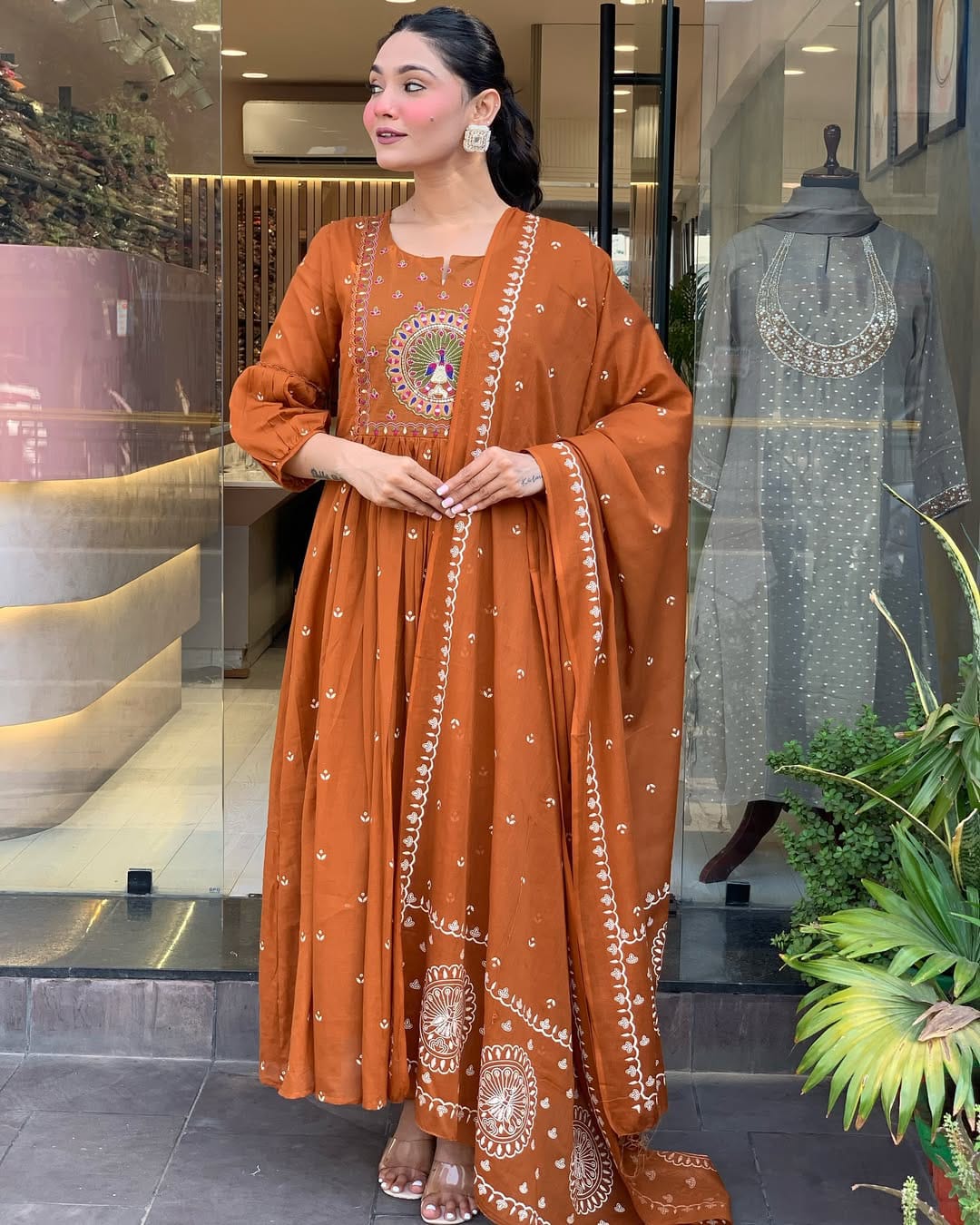 Rust Orange Anarkali Kurta Set with Dupatta and Intricate Embroidery
