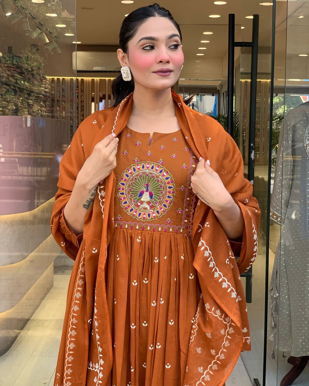 Rust Orange Anarkali Kurta Set with Dupatta and Intricate Embroidery
