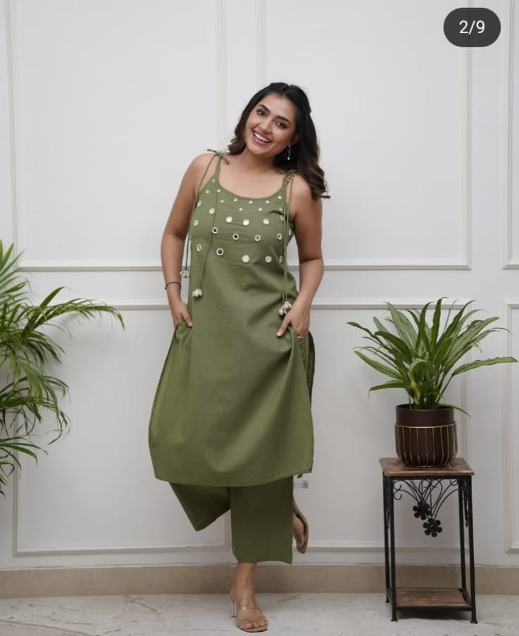 Olive Green Sleeveless Kurta Set with Embellished Detailing