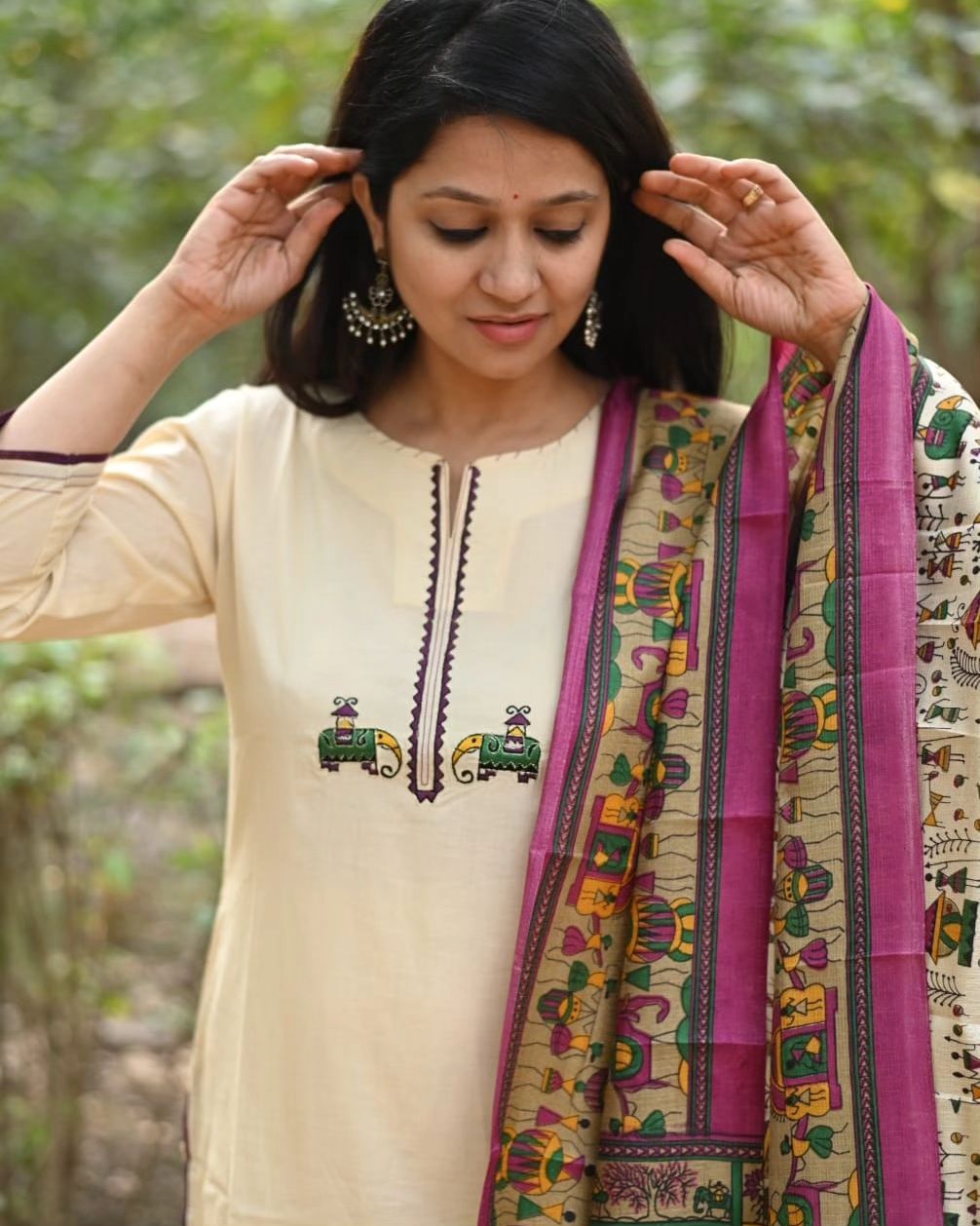 Cream Straight Kurta Set with Embroidered Yoke and Printed Dupatta