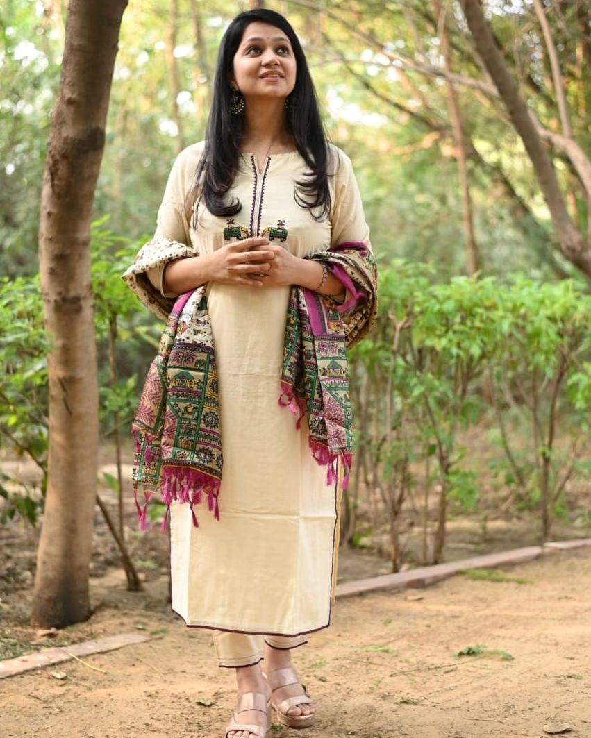 Cream Straight Kurta Set with Embroidered Yoke and Printed Dupatta