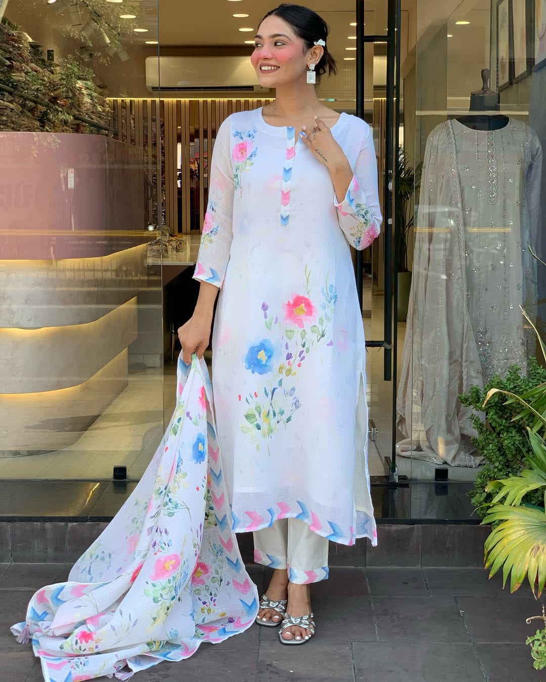 White Floral Printed Lawn Suit with Pastel Dupatta