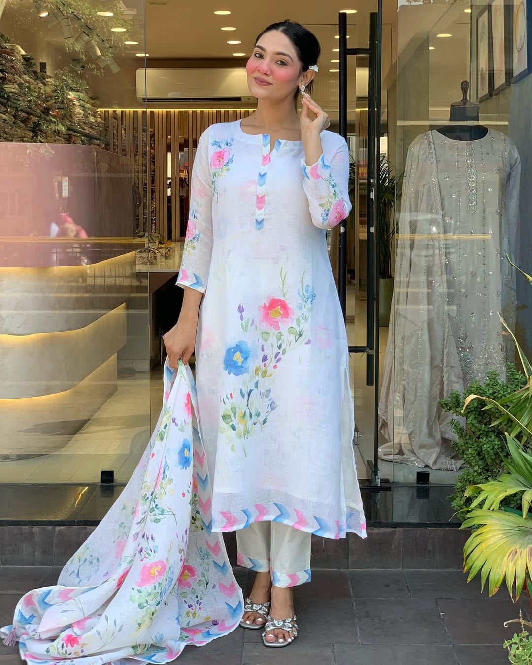 White Floral Printed Lawn Suit with Pastel Dupatta