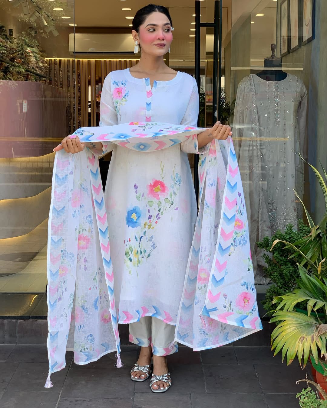 White Floral Printed Lawn Suit with Pastel Dupatta