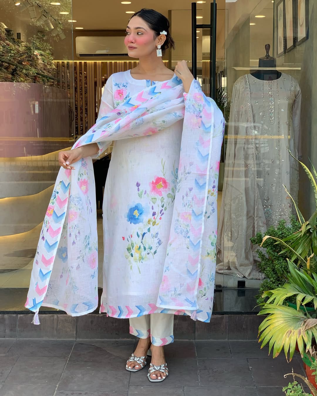 White Floral Printed Lawn Suit with Pastel Dupatta