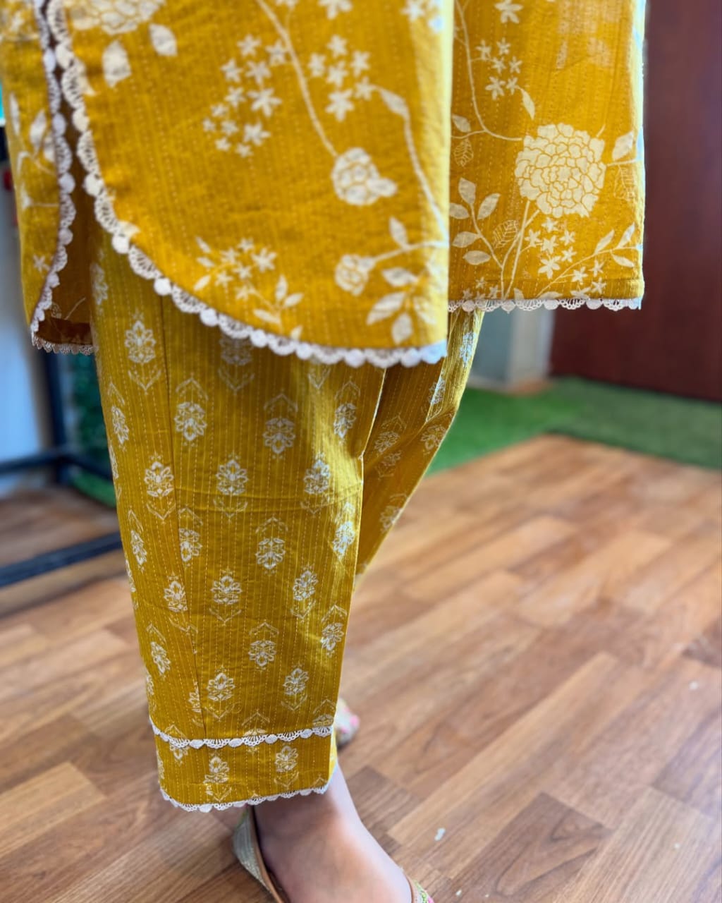 Yellow Floral Printed Cotton Kurta Set with Dupatta