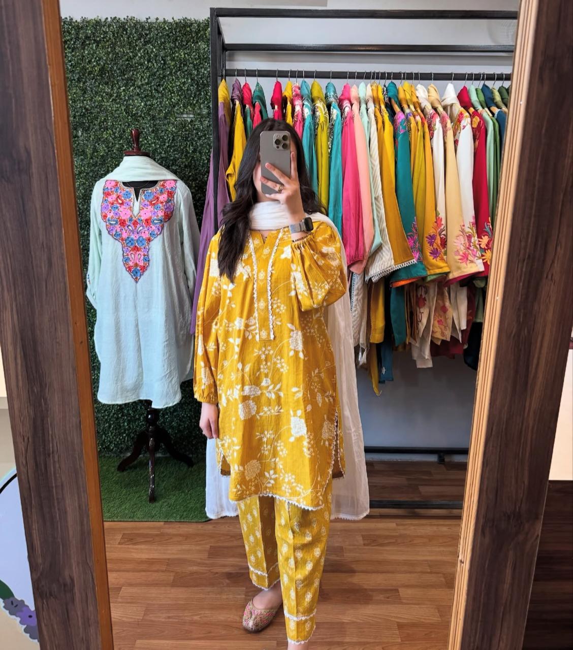 Yellow Floral Printed Cotton Kurta Set with Dupatta