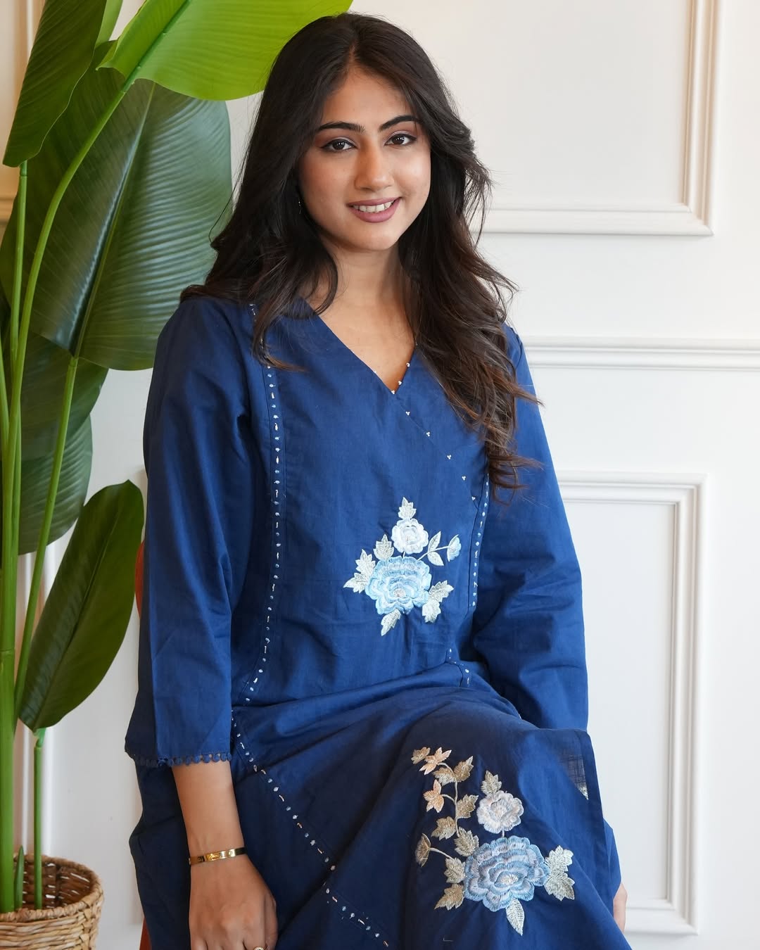 Navy Blue Floral Embroidered Cotton Kurta Set with Pants