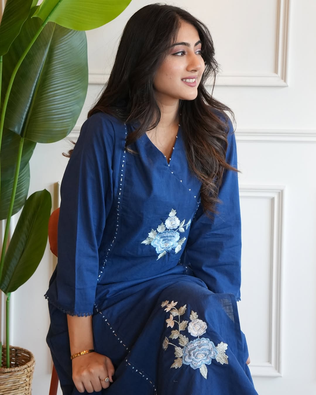 Navy Blue Floral Embroidered Cotton Kurta Set with Pants