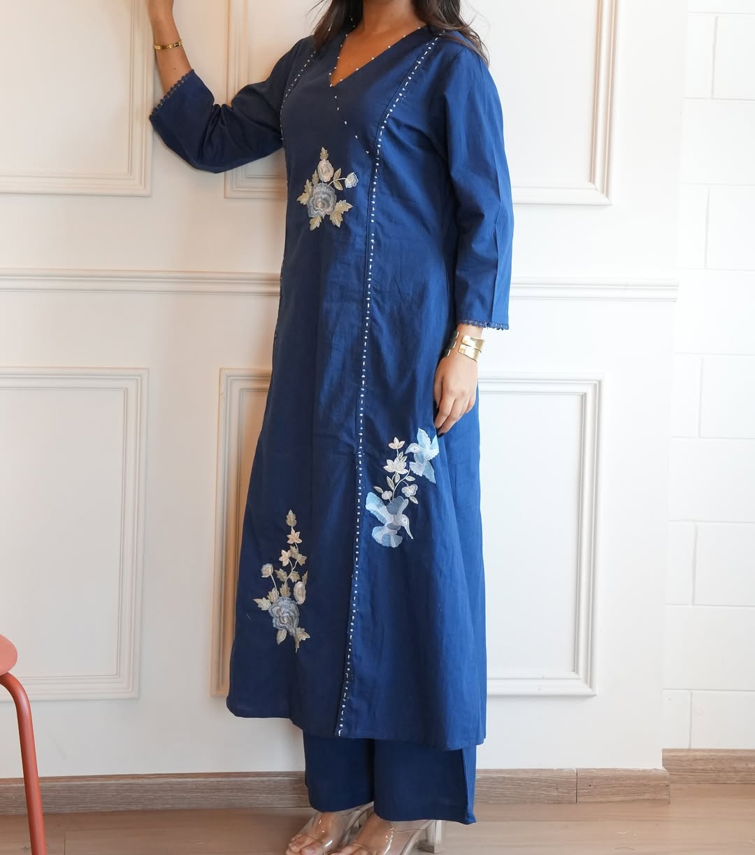 Navy Blue Floral Embroidered Cotton Kurta Set with Pants