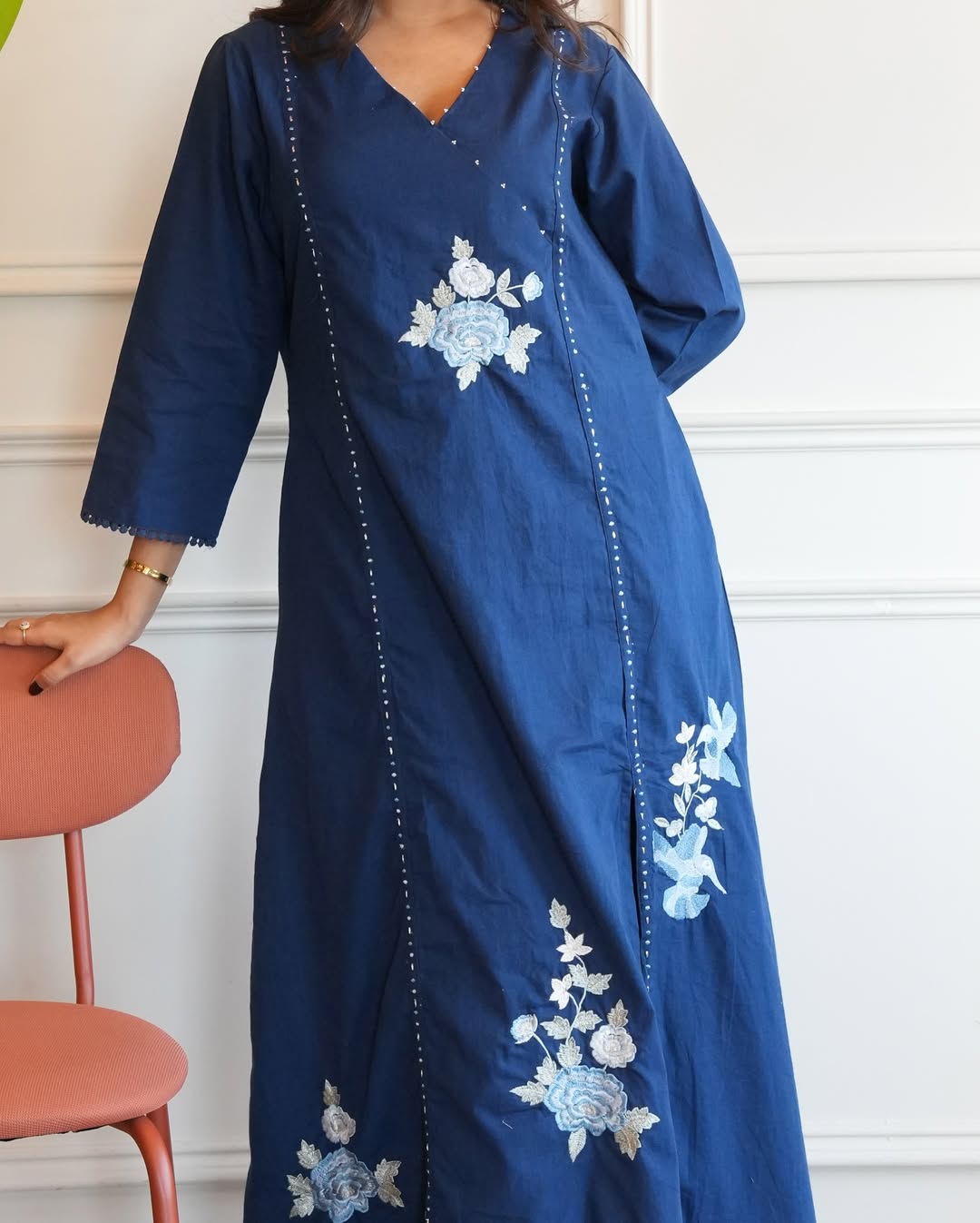 Navy Blue Floral Embroidered Cotton Kurta Set with Pants