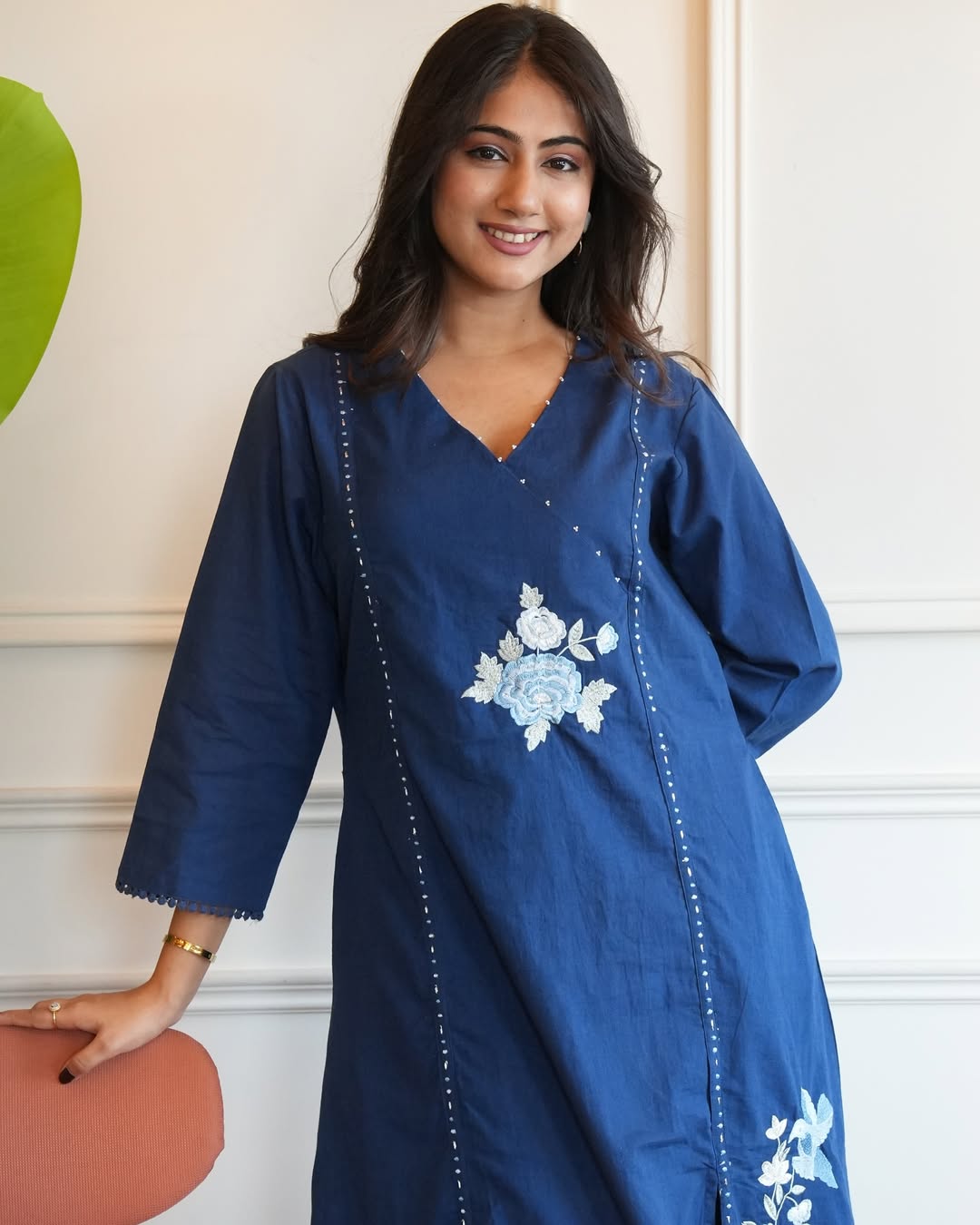 Navy Blue Floral Embroidered Cotton Kurta Set with Pants