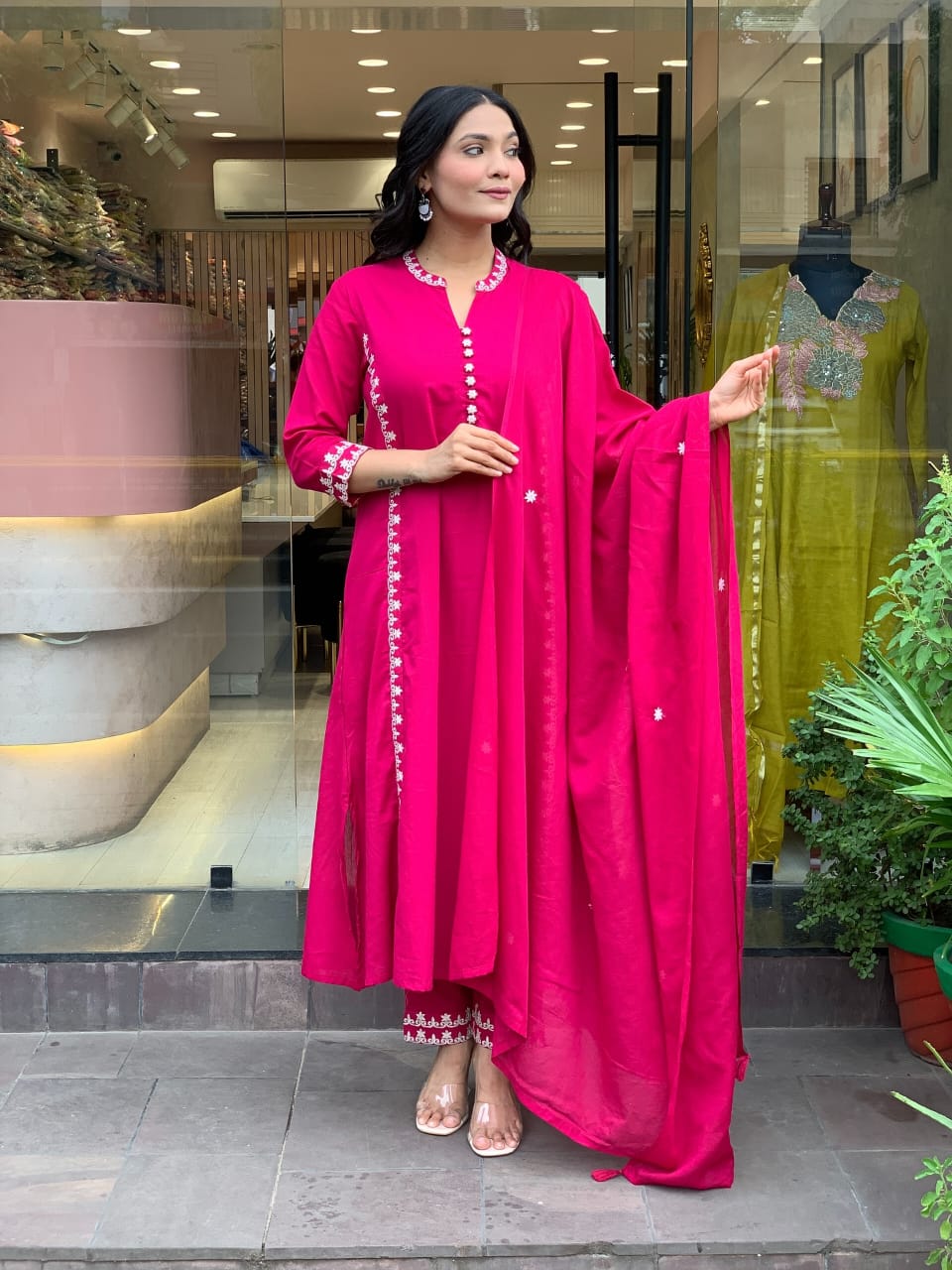 Hot Pink Mul Cotton Embroidered Kurta Set with Dupatta