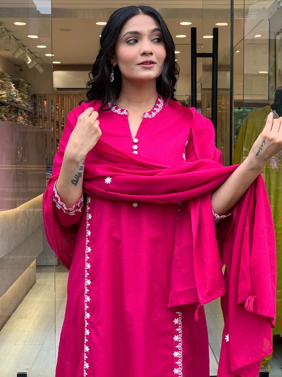 Hot Pink Mul Cotton Embroidered Kurta Set with Dupatta