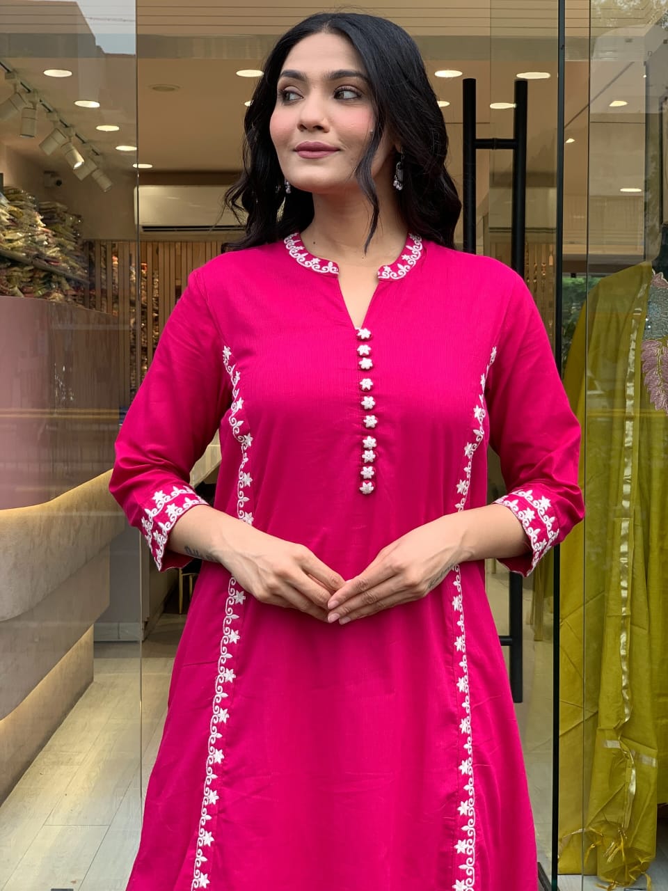 Hot Pink Mul Cotton Embroidered Kurta Set with Dupatta