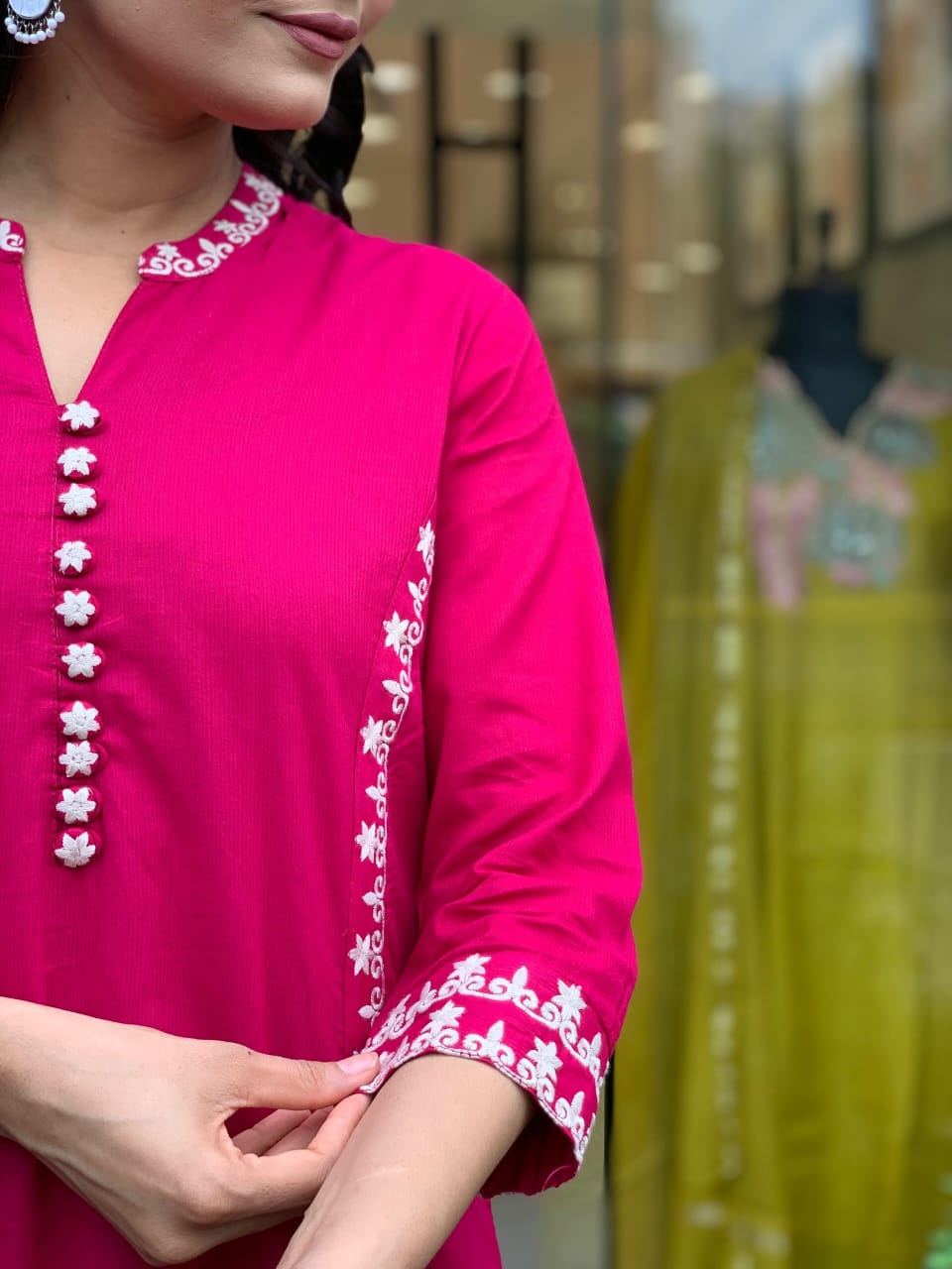 Hot Pink Mul Cotton Embroidered Kurta Set with Dupatta