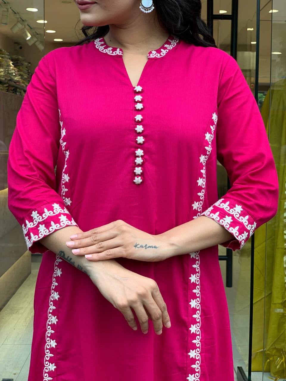 Hot Pink Mul Cotton Embroidered Kurta Set with Dupatta