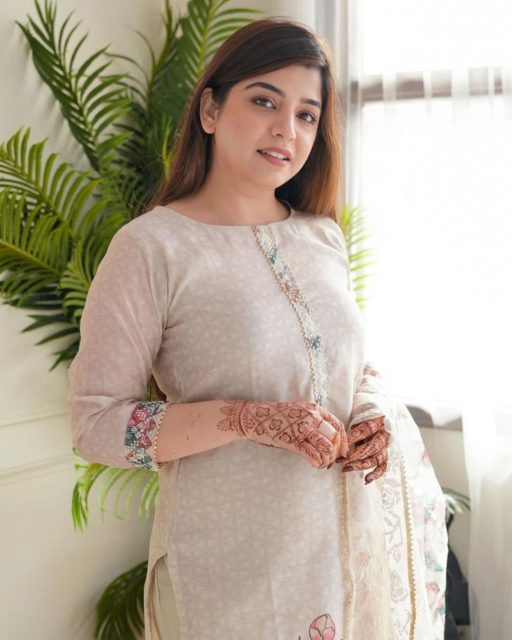 Pastel Beige Floral Embroidered Kurta Set with Printed Dupatta