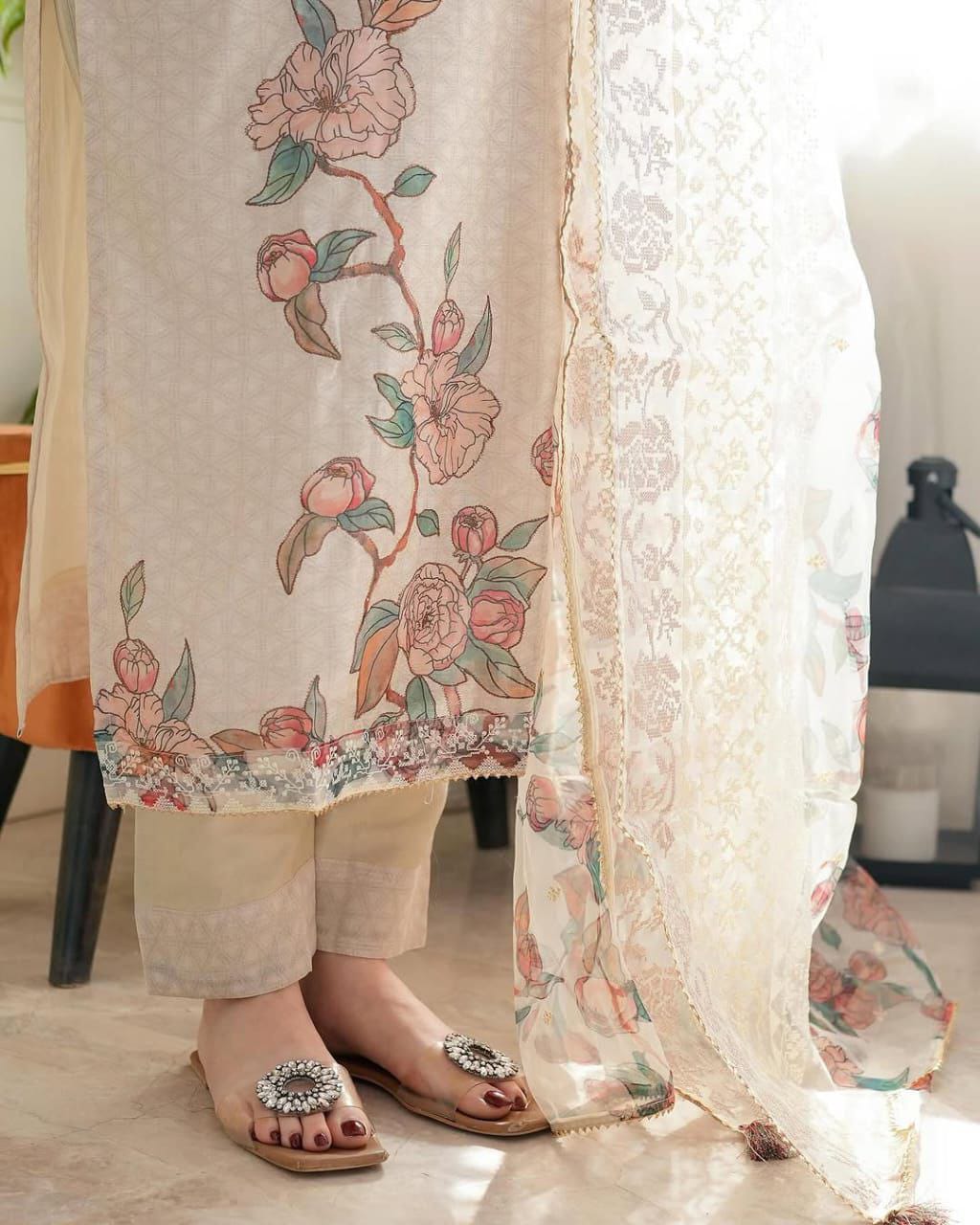 Pastel Beige Floral Embroidered Kurta Set with Printed Dupatta
