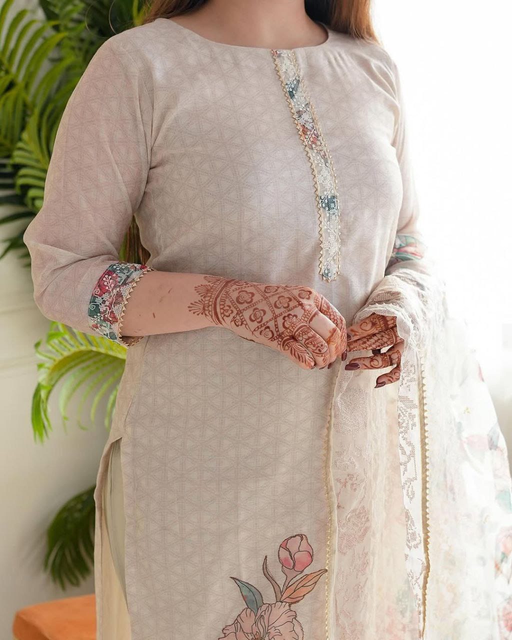 Pastel Beige Floral Embroidered Kurta Set with Printed Dupatta
