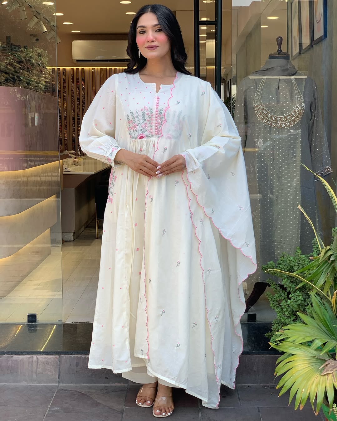 Elegant White Cotton Anarkali Kurta with Dupatta – Hand Embroidered Floral Detailing