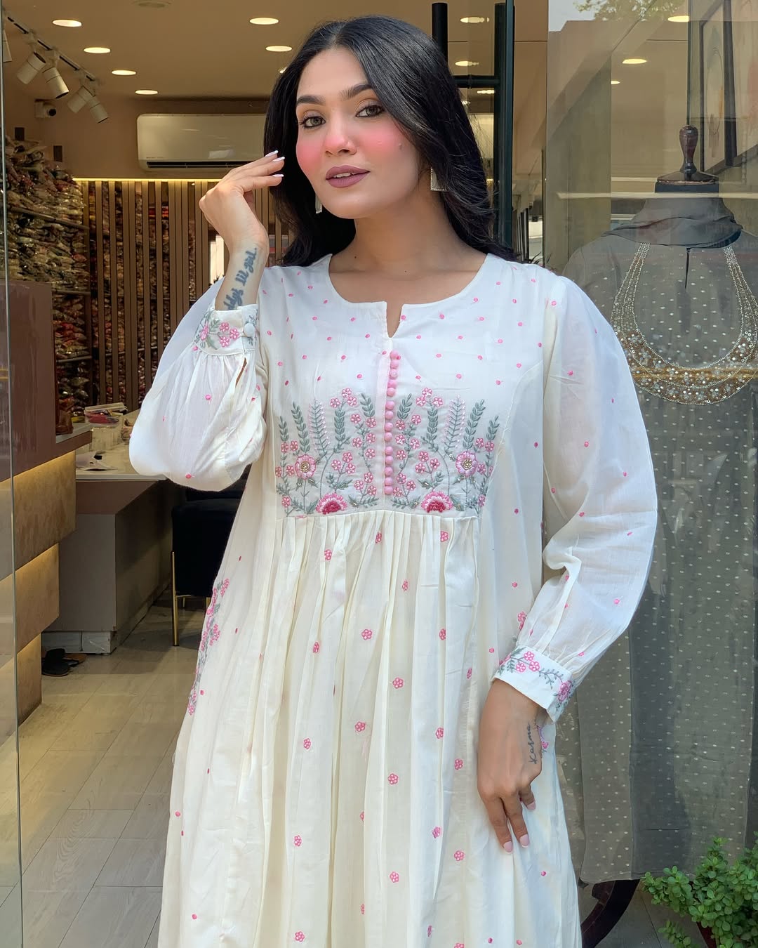 Elegant White Cotton Anarkali Kurta with Dupatta – Hand Embroidered Floral Detailing