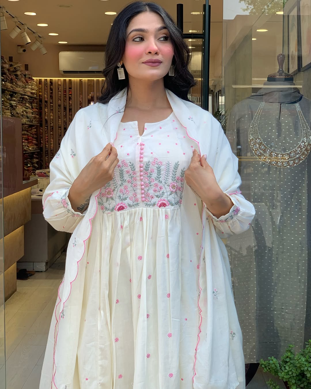 Elegant White Cotton Anarkali Kurta with Dupatta – Hand Embroidered Floral Detailing