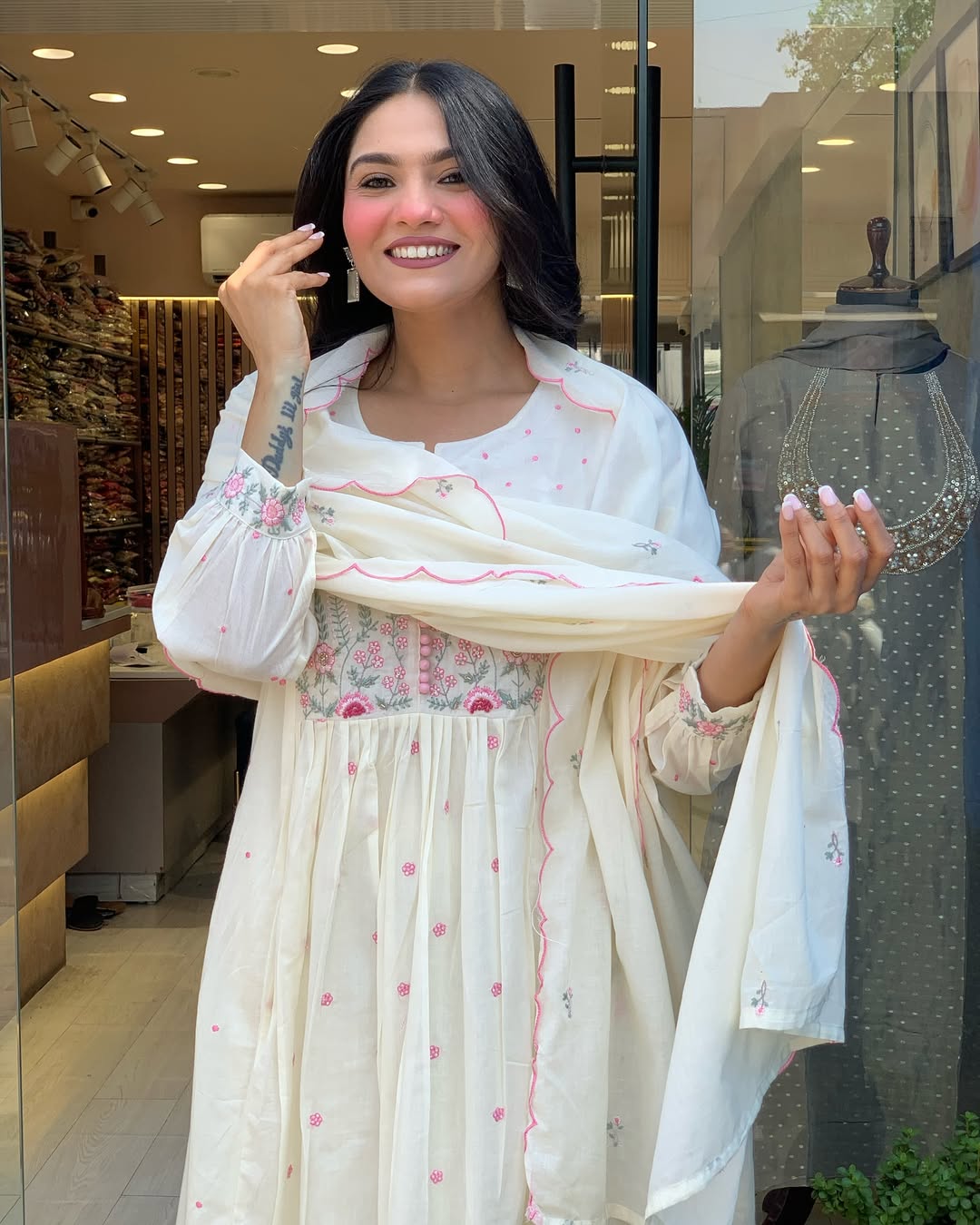 Elegant White Cotton Anarkali Kurta with Dupatta – Hand Embroidered Floral Detailing