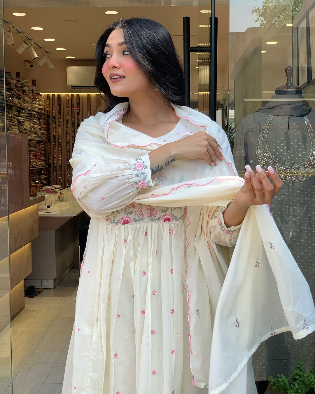 Elegant White Cotton Anarkali Kurta with Dupatta – Hand Embroidered Floral Detailing