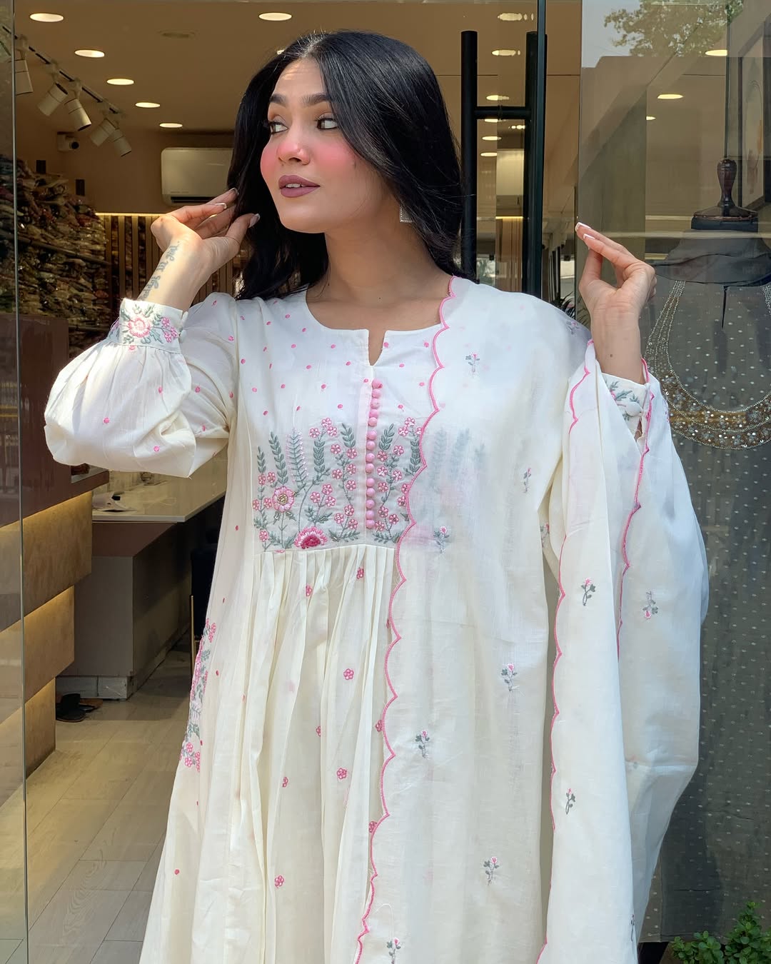 Elegant White Cotton Anarkali Kurta with Dupatta – Hand Embroidered Floral Detailing