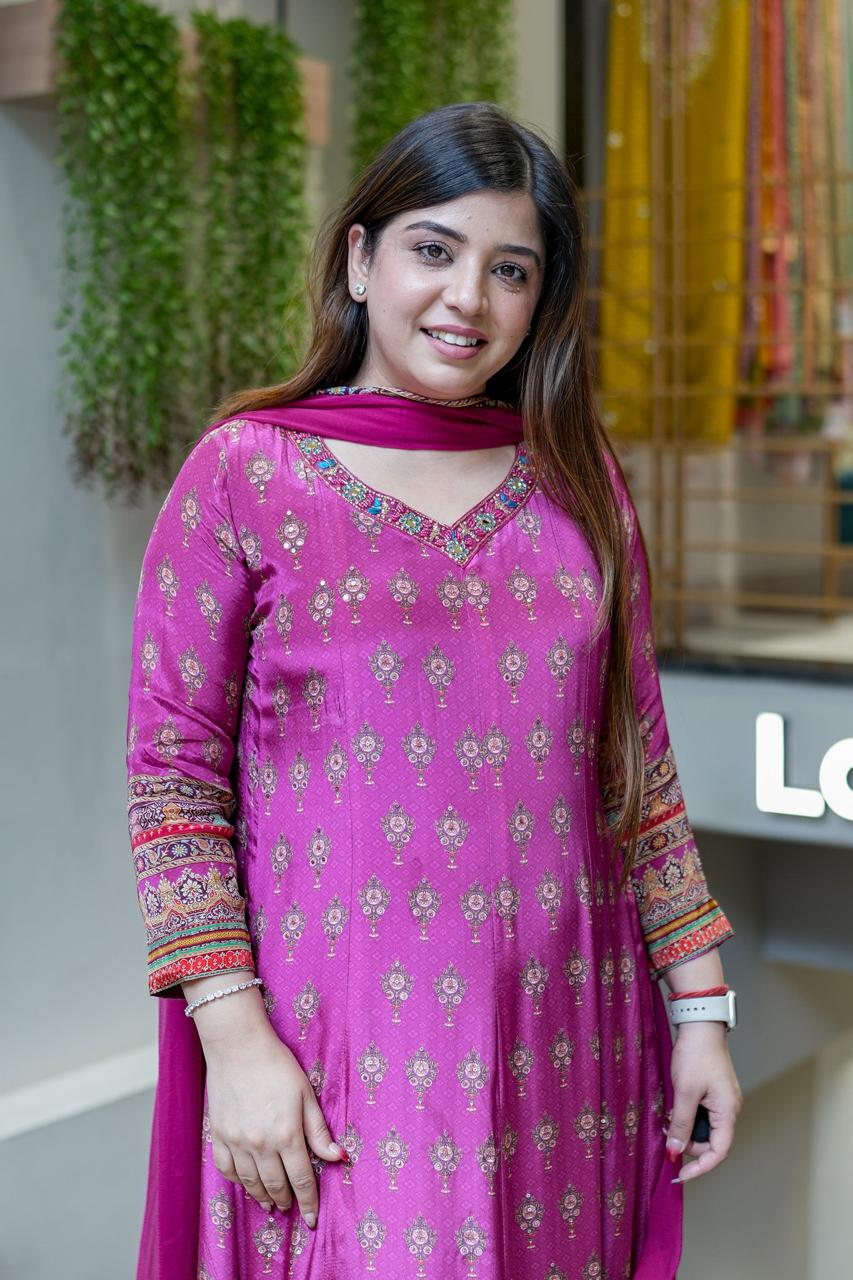 Ethnic Motifs Printed Mirror & Thread Work Kurta with Pant & Dupatta