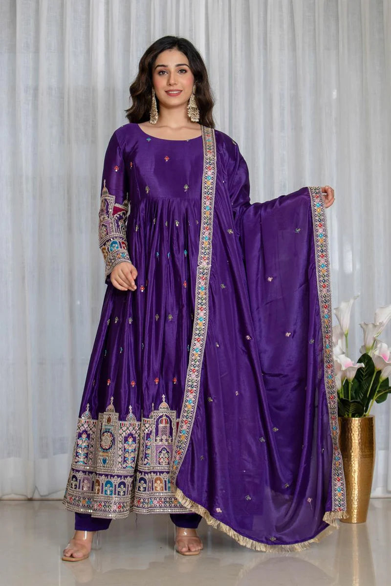 strapless open back dress Nishkha Anarkali Chiffon Purple for Festive XXS to XXXL at Baise Gaba main image 0