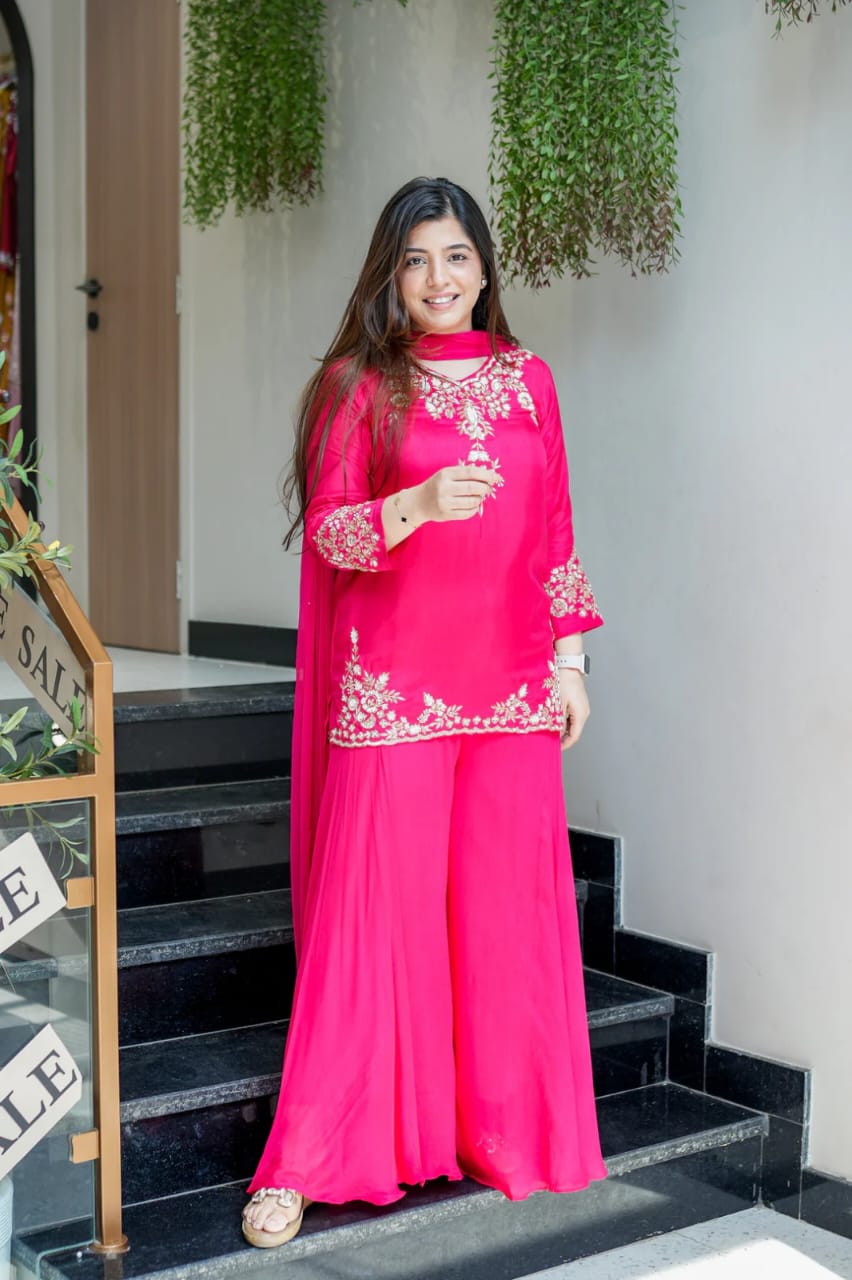 Rani Pink Embroidered Georgette Kurti Sharara Set with Dupatta