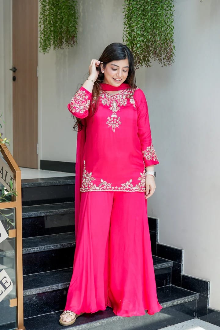 Rani Pink Embroidered Georgette Kurti Sharara Set with Dupatta
