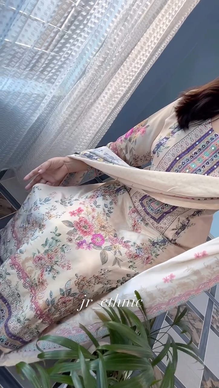 Luxury Pastel Cream Floral Printed Muslin Suit Set with Designer Dupatta