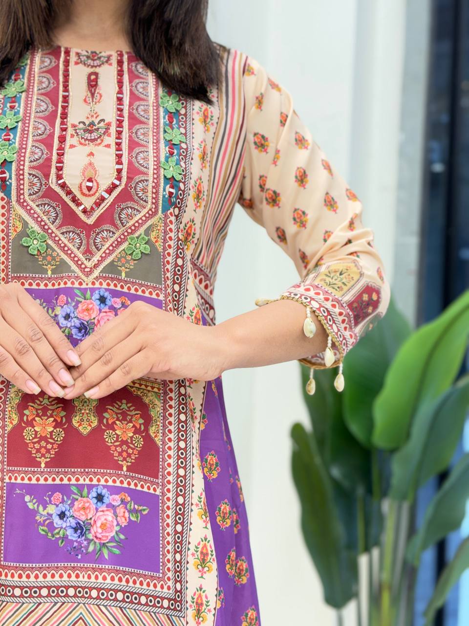 Purple Printed Cotton Suit Set with Embroidered Yoke & Matching Dupatta