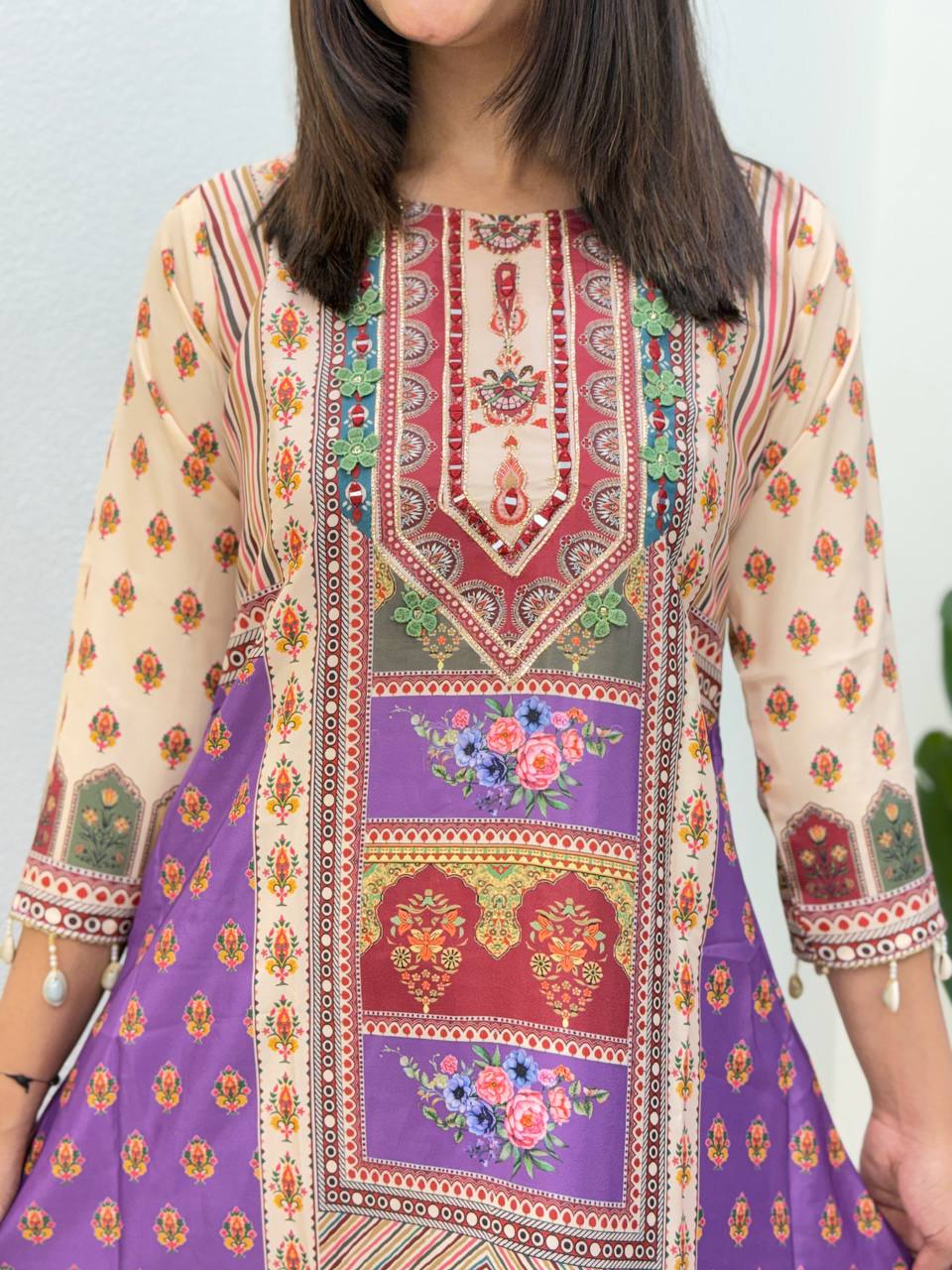 Purple Printed Cotton Suit Set with Embroidered Yoke & Matching Dupatta