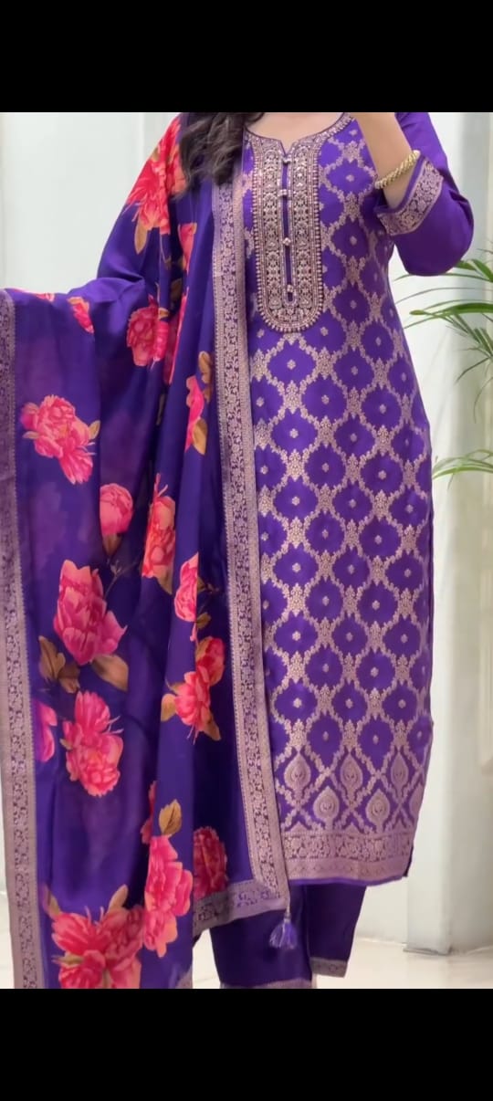 Purple Jacquard Suit Set with Floral Digital Print Dupatta