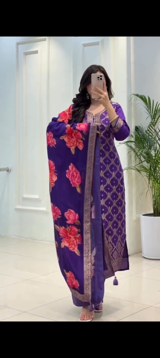 Purple Jacquard Suit Set with Floral Digital Print Dupatta