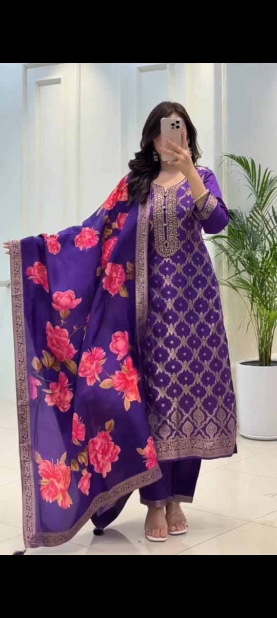 Purple Jacquard Suit Set with Floral Digital Print Dupatta