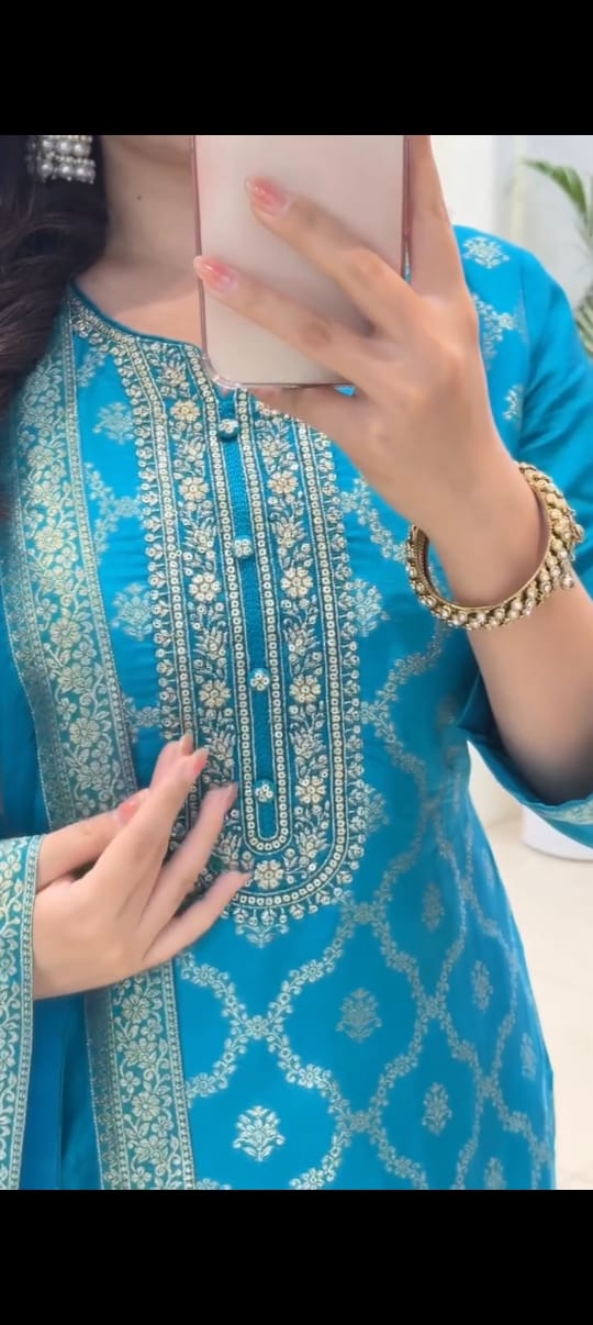 Turquoise Blue Jacquard Suit Set with Floral Digital Print Dupatta