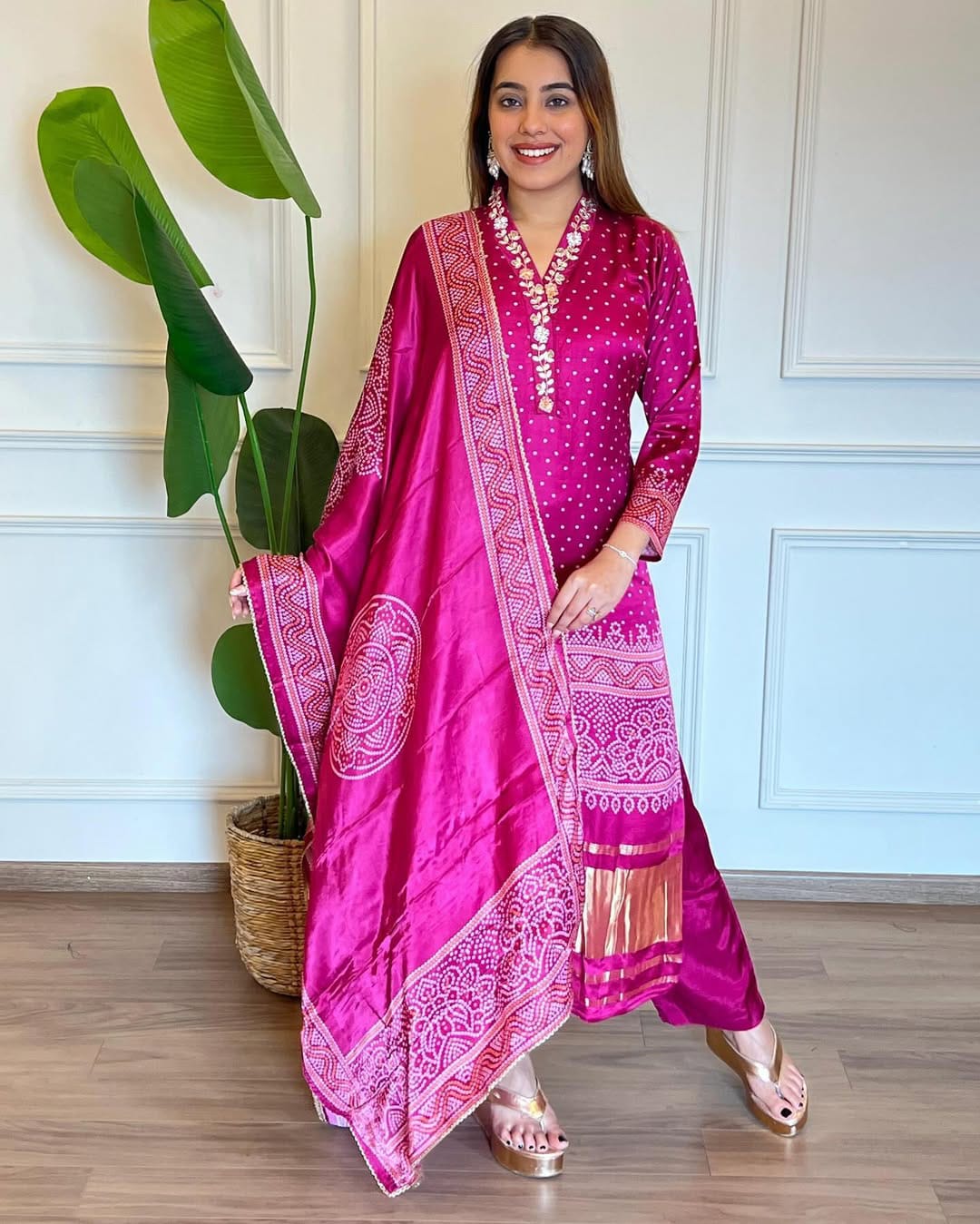 Magenta Silk Kurta Set with Bandhani Print & Embroidered Dupatta