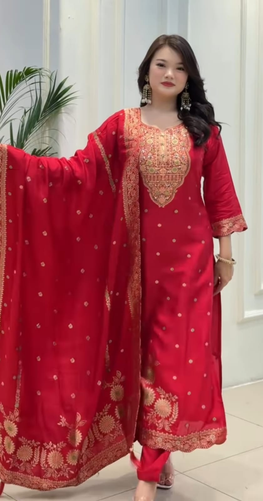 Red Silk Blend Embroidered Kurta Pant Set with Dupatta for Women