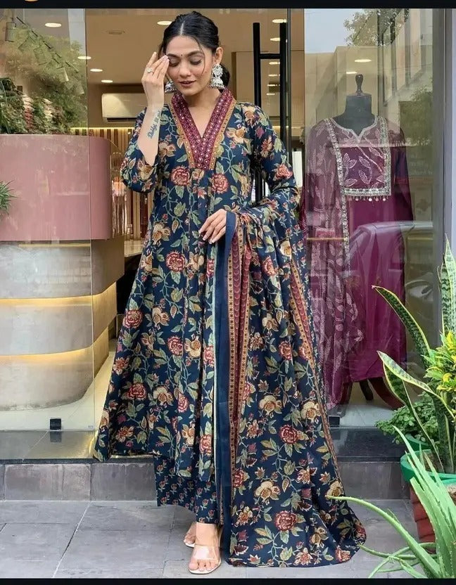 Women's Printed Cotton Anarkali Kurta & Pant With Dupatta Set