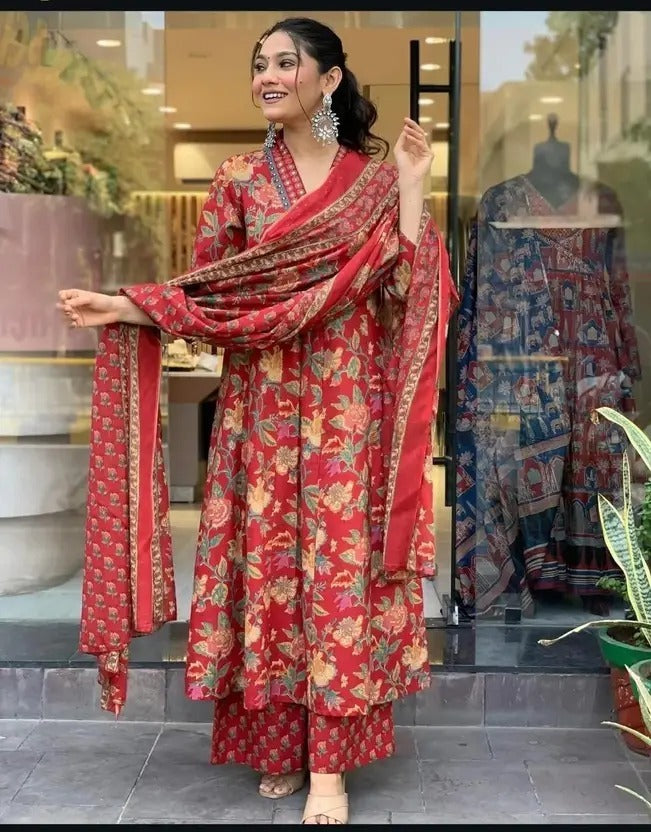 Women's Printed Cotton Anarkali Kurta & Pant With Dupatta Set