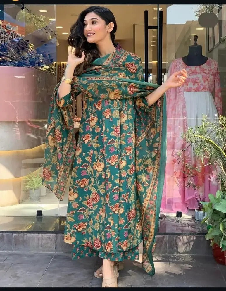 Women's Printed Cotton Anarkali Kurta & Pant With Dupatta Set